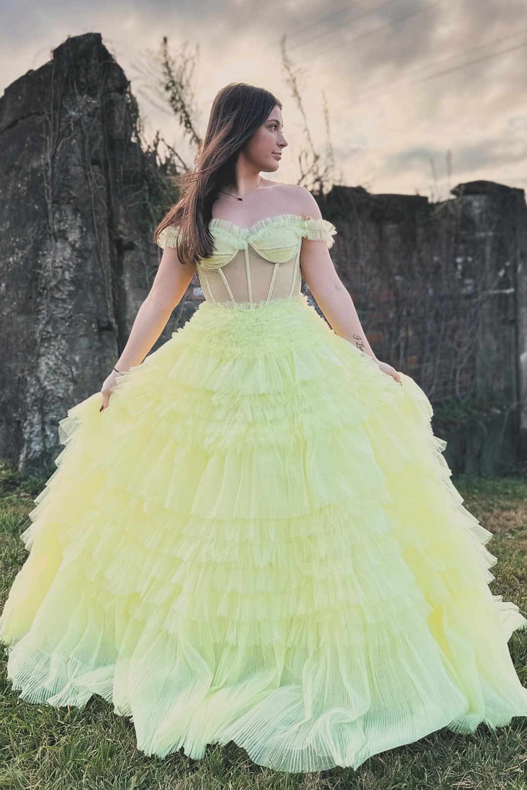 Martina | Off the Shoulder Light Yellow Ruffle Layered Prom Dress