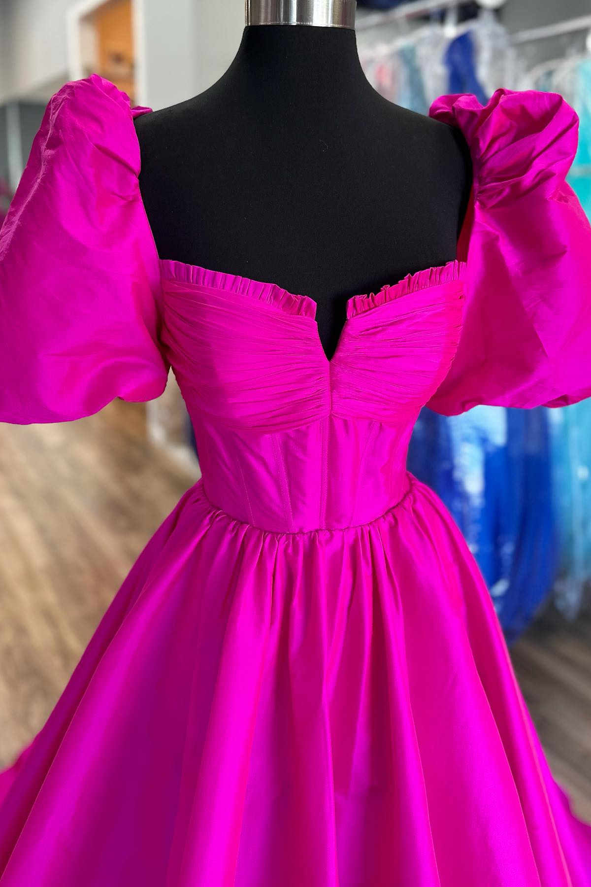Lynette | Square Neck Fuchsia Puff Sleeves A-Line Prom Dress