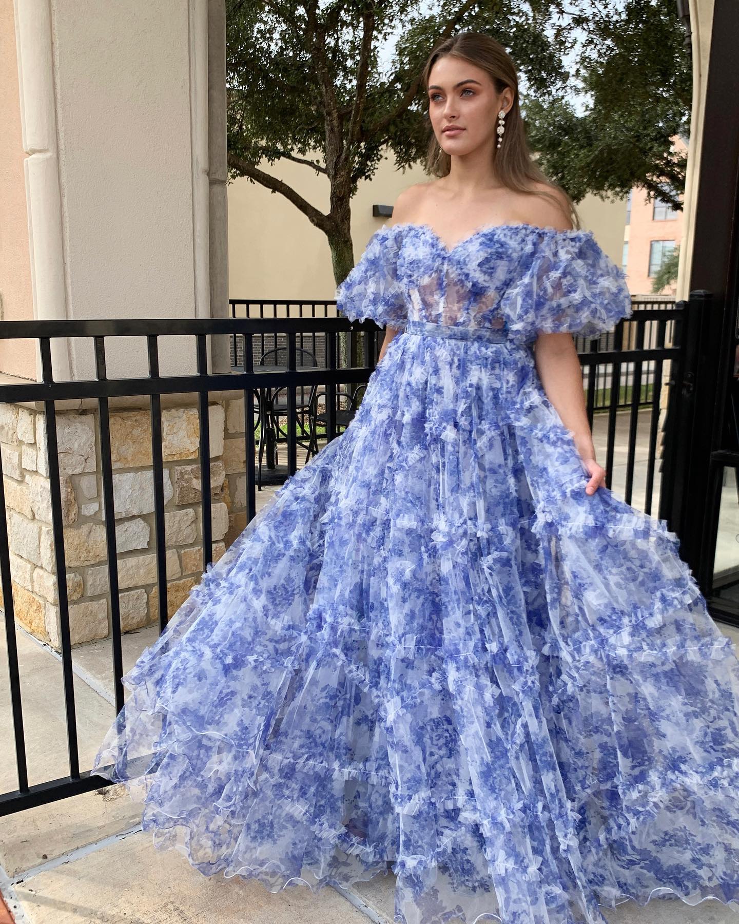 Mackenzie | Off the Shoulder Blue Floral Print Ruffled Tulle Prom Dress
