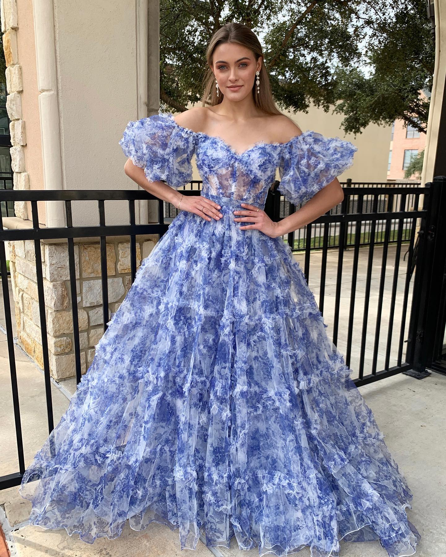 Mackenzie | Off the Shoulder Blue Floral Print Ruffled Tulle Prom Dress