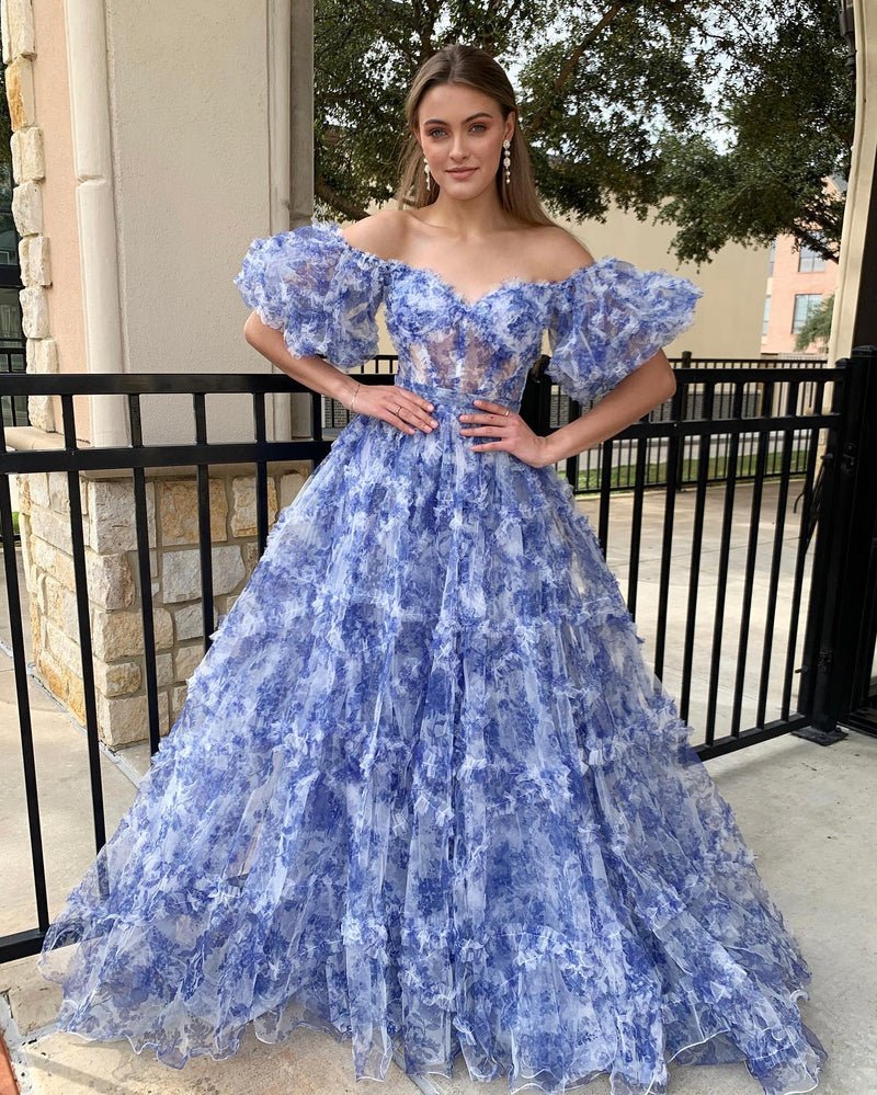 open lace back dress Two Pieces Long Sleeves Prom Dresses, Floral Print Prom Gown With Pock –  Promfast main image 1