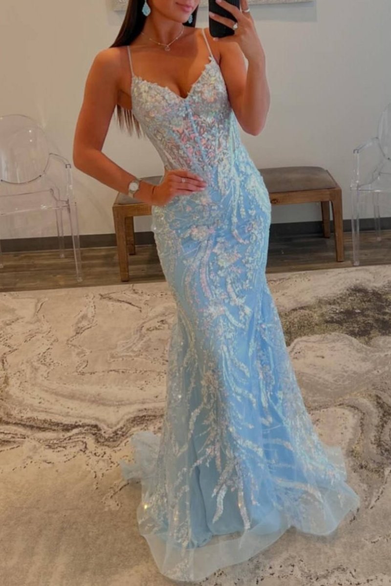 V-Neck Light Blue Mermaid Sequin Prom Dress with Spaghetti Straps