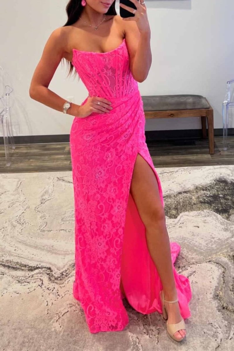 Lavender Strapless Lace Ruched Mermaid Prom Dress with Slit Lavender / Custom Size