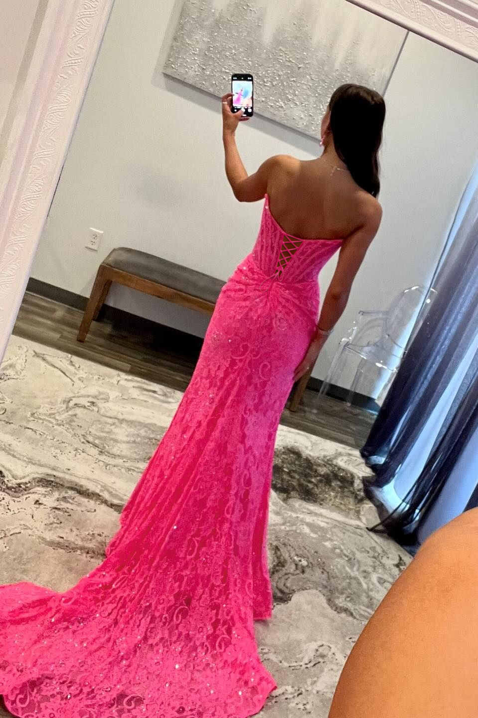 open lace back dress Lavender Strapless Lace Ruched Mermaid Prom Dress with Slit