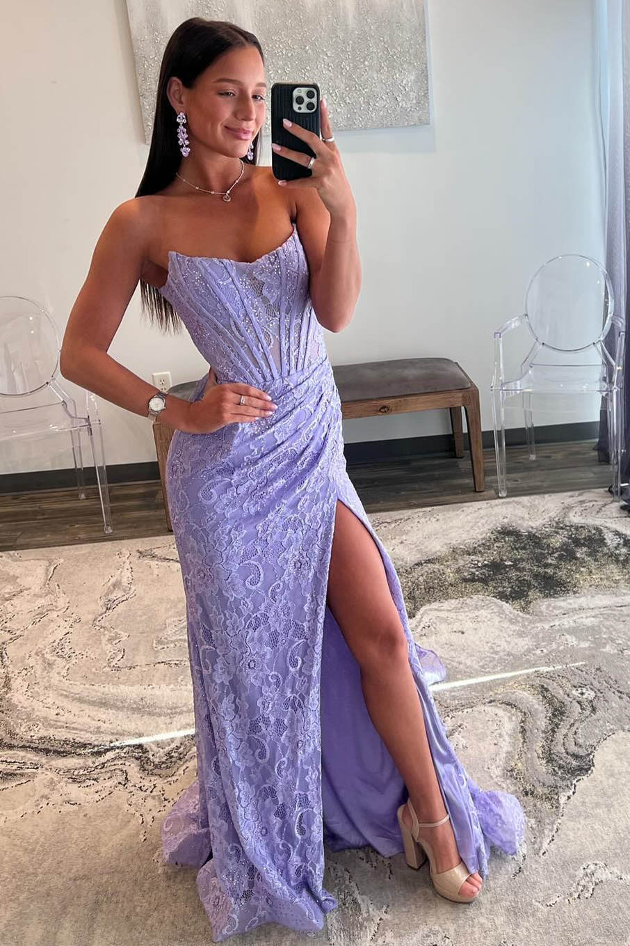 Mandy | Lavender Strapless Lace Ruched Mermaid Prom Dress with Slit