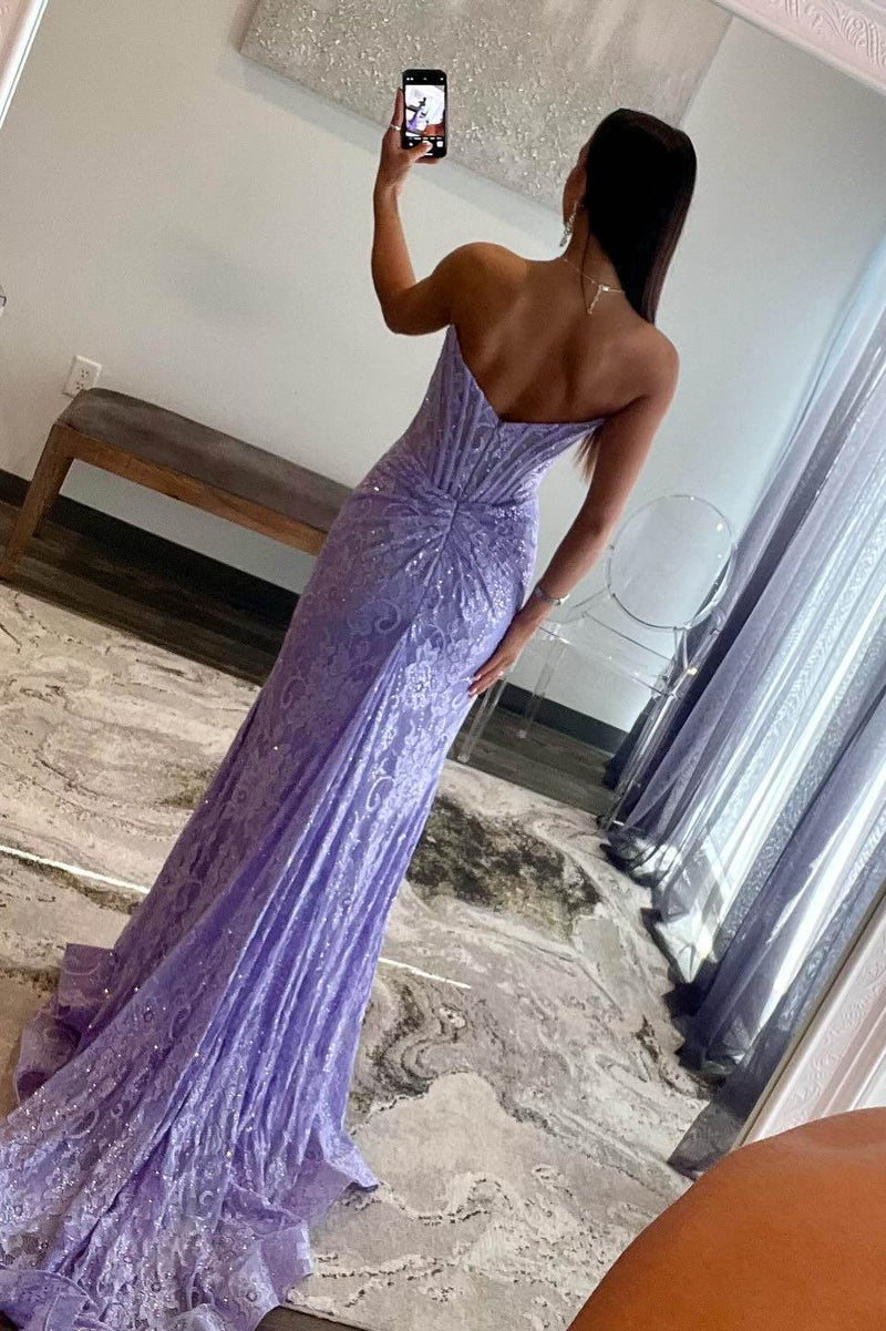Lavender Satin Mermaid Prom Dresses with Slit, Beaded Bodice & Tiered Bottom - FD3755 main image 0
