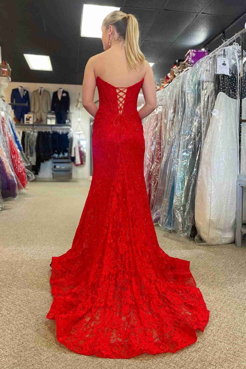 Mandy | Lavender Strapless Lace Ruched Mermaid Prom Dress with Slit - KissProm