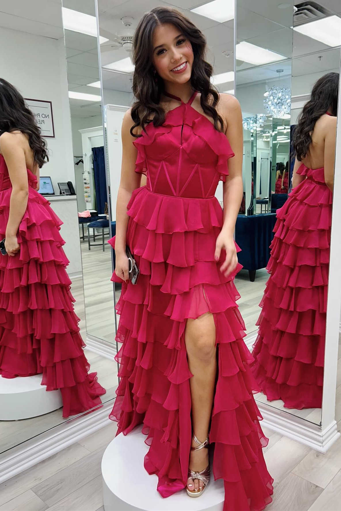Red Halter Ruffle Tiered Chiffon Prom Dress with Slit
