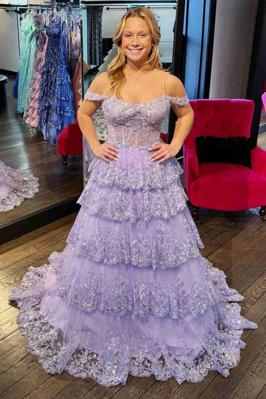 Maureen | Tulle Sequin Cold-Shoulder Ruffle Tiered Long Prom Dress