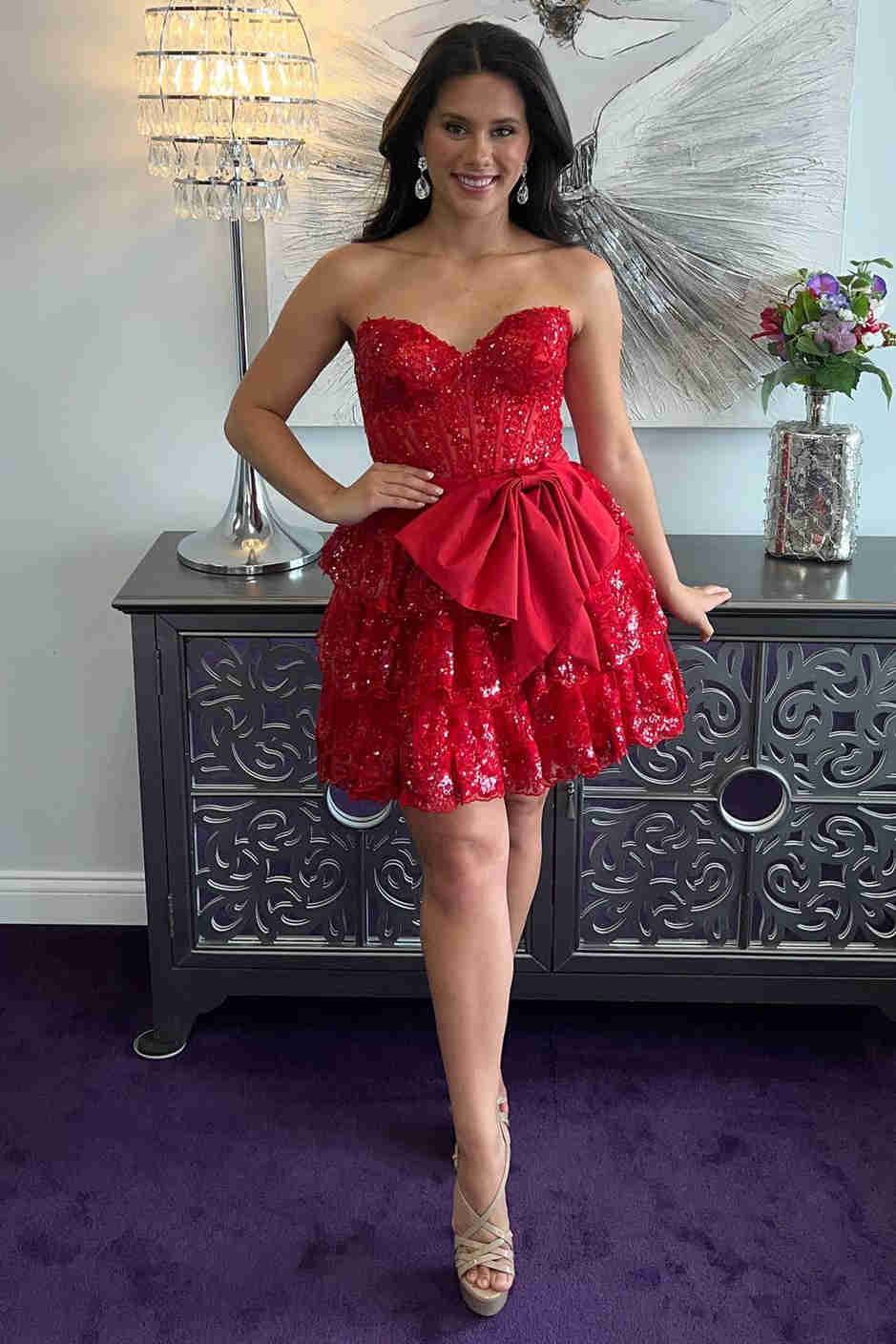 Red - Corset Sequin Appliques Short Party Dress with Bow Red / 4 Red - Corset Sequin Appliques Short Party Dress with Bow Red / 4