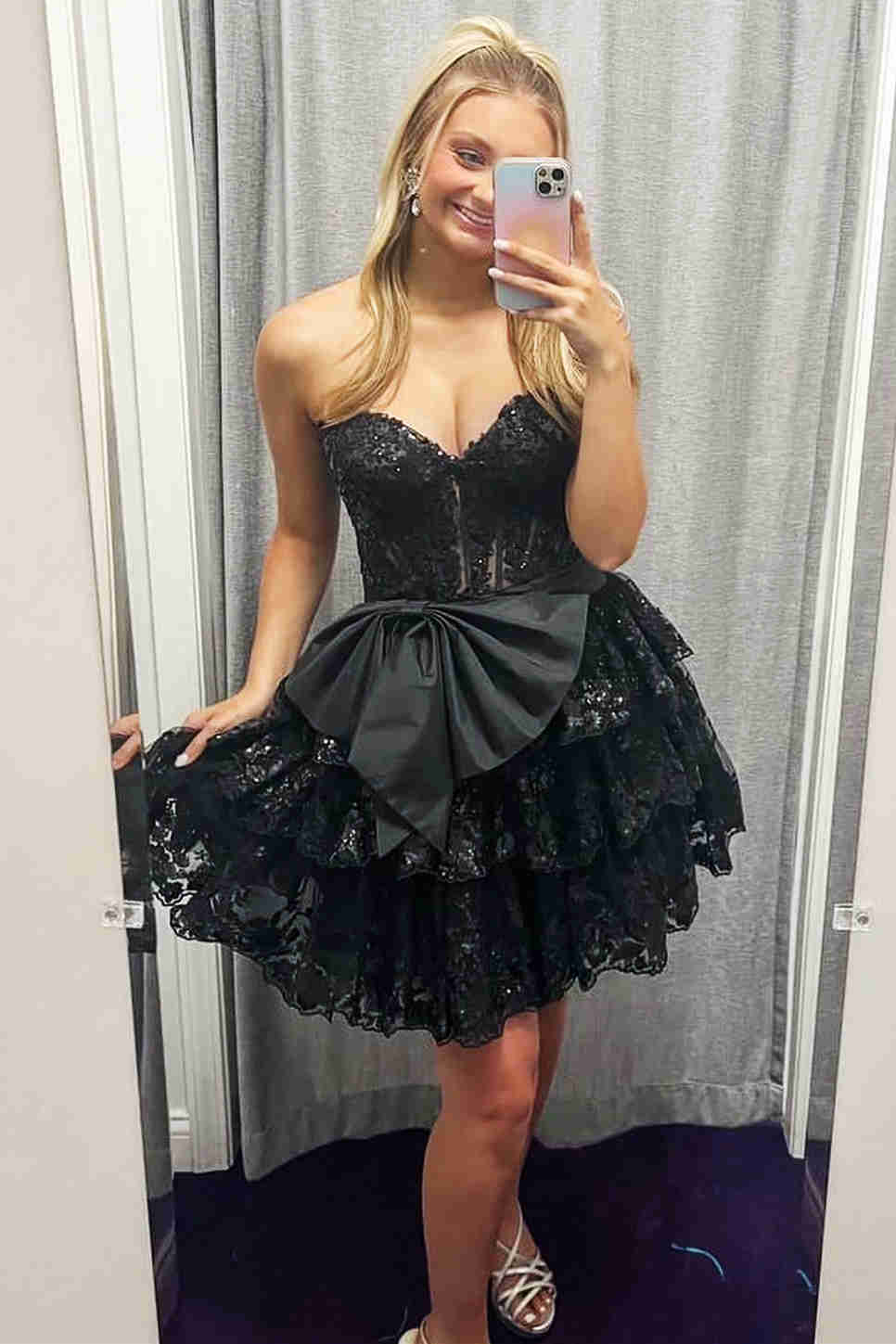 Maylin | Black - Corset Sequin Appliques Short Party Dress with Bow