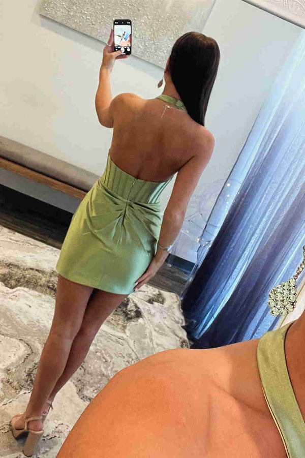 Lucia | Halter Fitted Sage Green Pleated Homecoming Dress with Rosette - KissProm