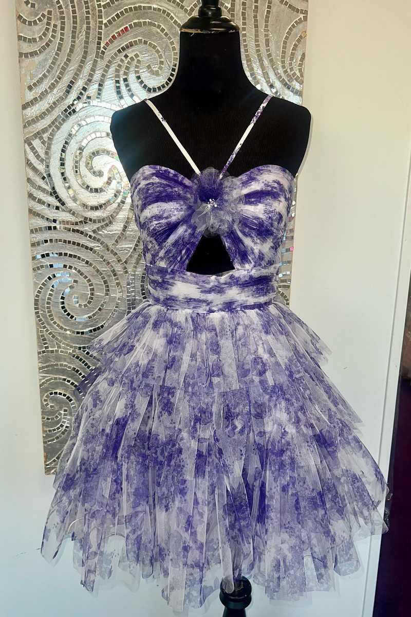 Hera | Straps Purple Floral Print Keyhole Ruffle Homecoming Dress - KissProm