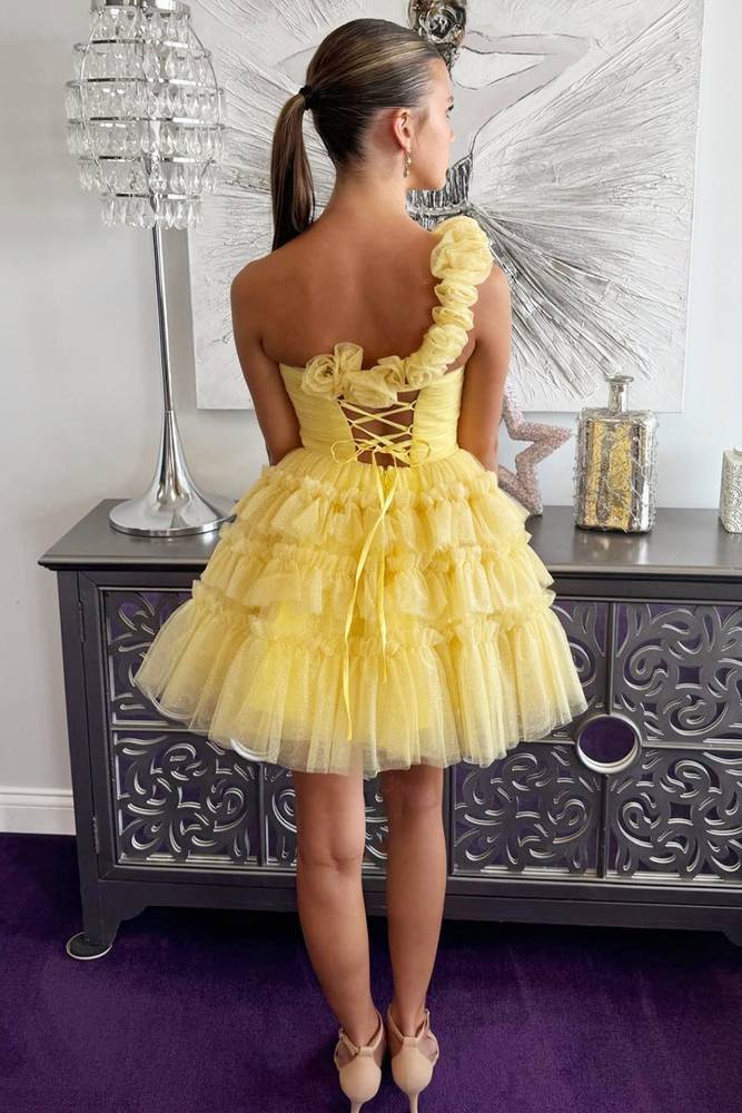 yellow frilly dress Princess Yellow One Shoulder Knotted Ruffle Short Party Dress Yellow / 10