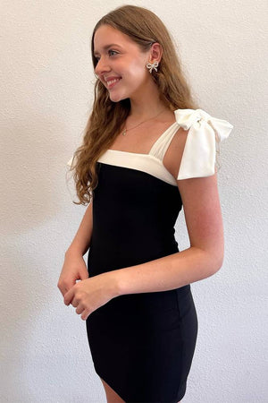 Tie Shoulder Black and White Mini Dress - KissProm