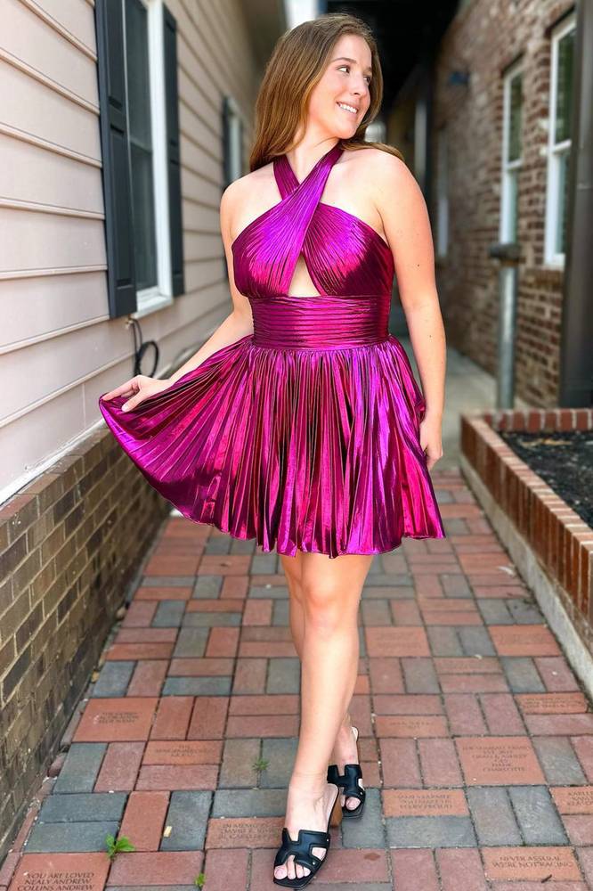 Jinny | Metallic Fuchsia Halter Keyhole Pleated Short Homecoming Dress