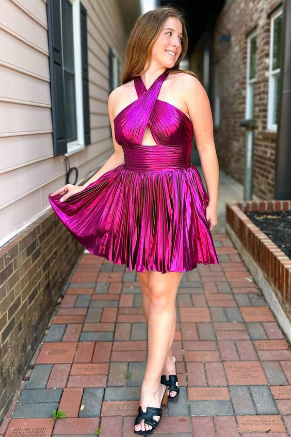 Metallic Fuchsia Halter Keyhole Pleated Short Homecoming Dress, Fuchsia / 10 Metallic Fuchsia Halter Keyhole Pleated Short Homecoming Dress, Fuchsia / 10