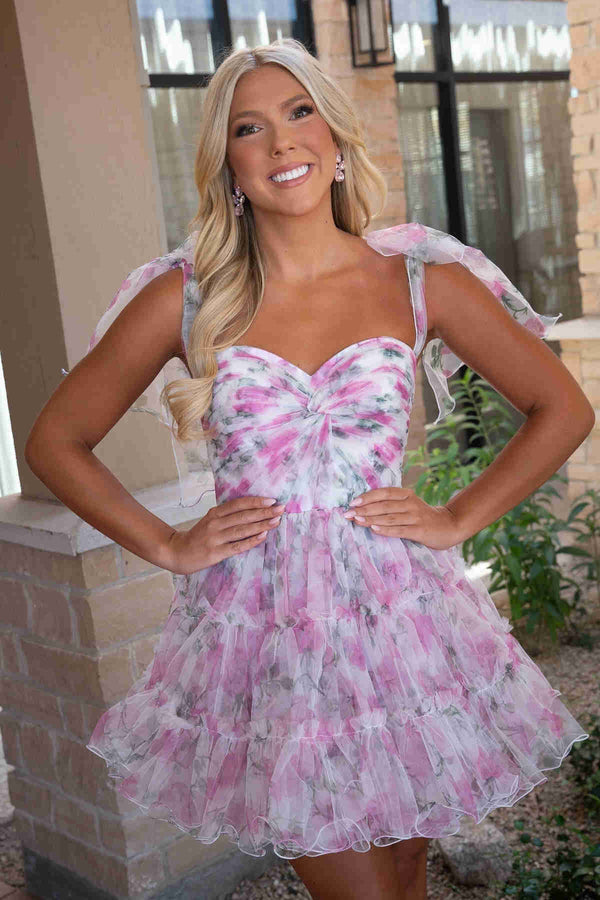 Princess Pink Floral Print Tulle Homecoming Dress with Bow Sleeves - KissProm