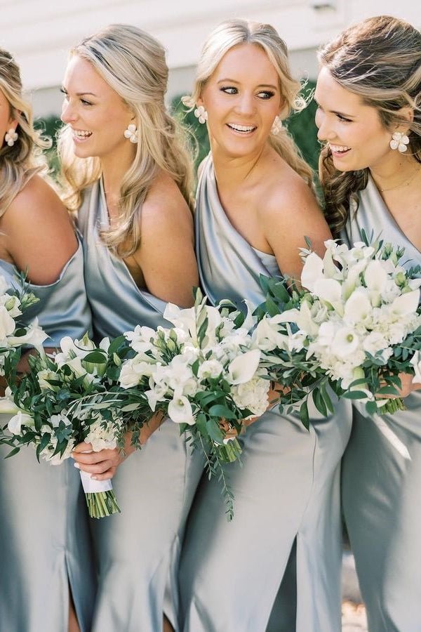 Ankle Length Slit Mermaid Bridesmaid Dresses with One Shoulder - KissProm