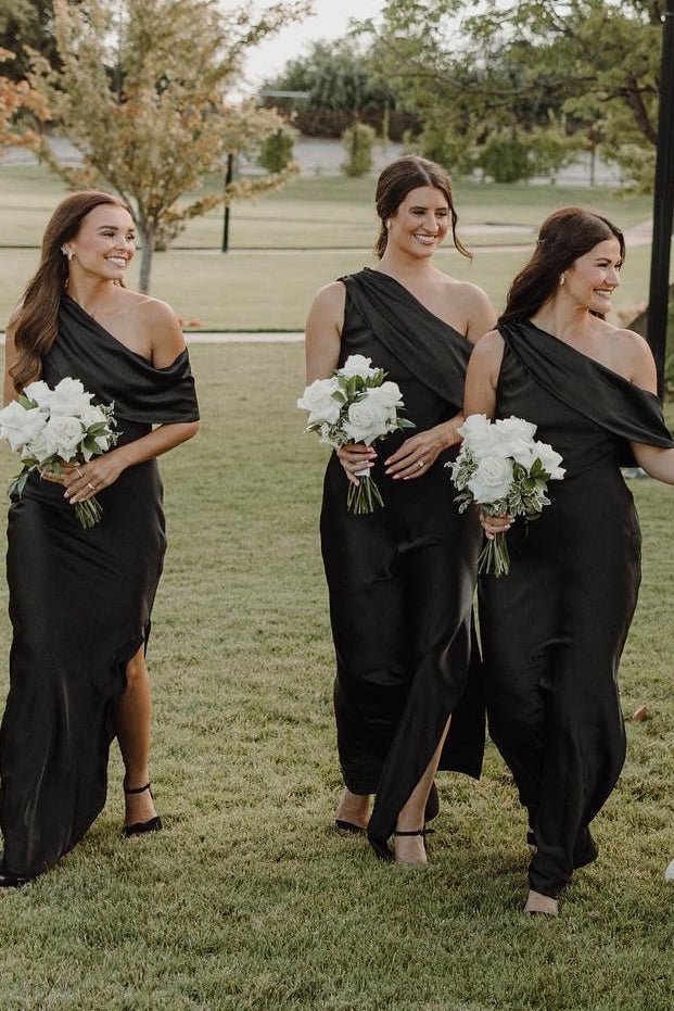 black mermaid bridesmaid dresses Ankle Length Slit Mermaid Bridesmaid Dresses with One Shoulder Black / 20