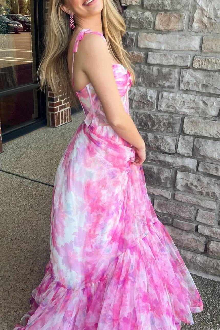 Palmer | Pink Floral Print Corset A - Line Long Prom Dress with Bow Tie Straps - KissProm