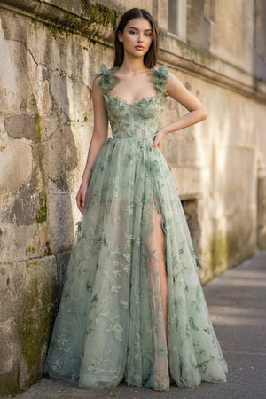 A - line Butterfly Lace Lilac Corset Prom Dress with Slit - KissProm