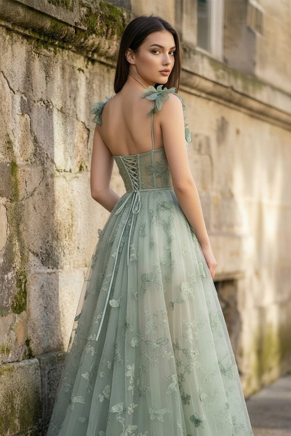 A - line Butterfly Lace Lilac Corset Prom Dress with Slit - KissProm