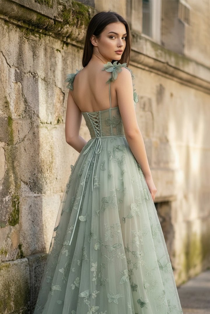 Lydia A line Butterfly Lace Tulle Lilac Corset Prom Dress with Slit