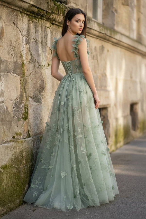 A - line Butterfly Lace Lilac Corset Prom Dress with Slit - KissProm