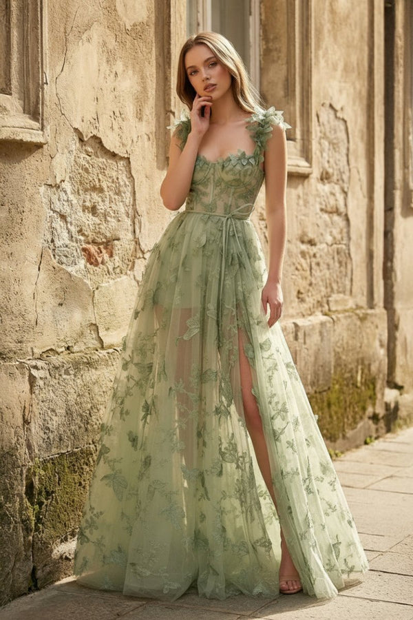 A-line Butterfly Lace Lilac Corset Prom Dress with Slit, Sage Green / 4
