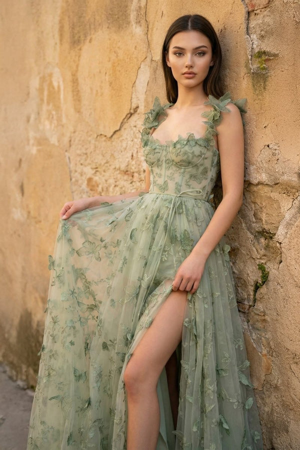 A - line Butterfly Lace Lilac Corset Prom Dress with Slit - KissProm