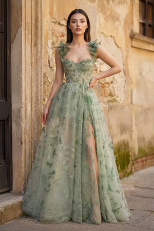 A - line Butterfly Lace Lilac Corset Prom Dress with Slit - KissProm