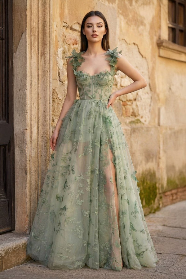 A - line Butterfly Lace Lilac Corset Prom Dress with Slit - KissProm