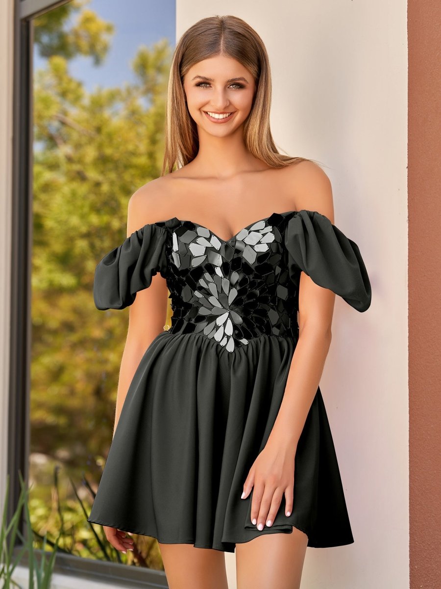 Galatea | A-Line Short Black Cut-Glass Sweetheartg Dress