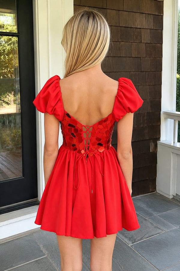 Galatea | A-Line Short Red Cut-Glass Sweetheart Dress