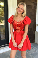 Galatea | A-Line Short Red Cut-Glass Sweetheart Dress
