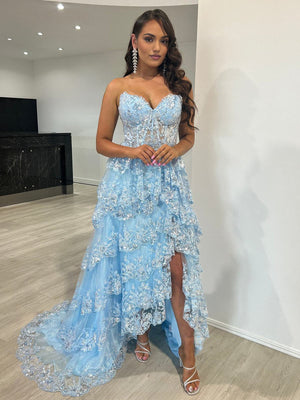 Garnet|Light Blue Strapless Ruffle Tiered Long Prom Dress with Slit - KissProm