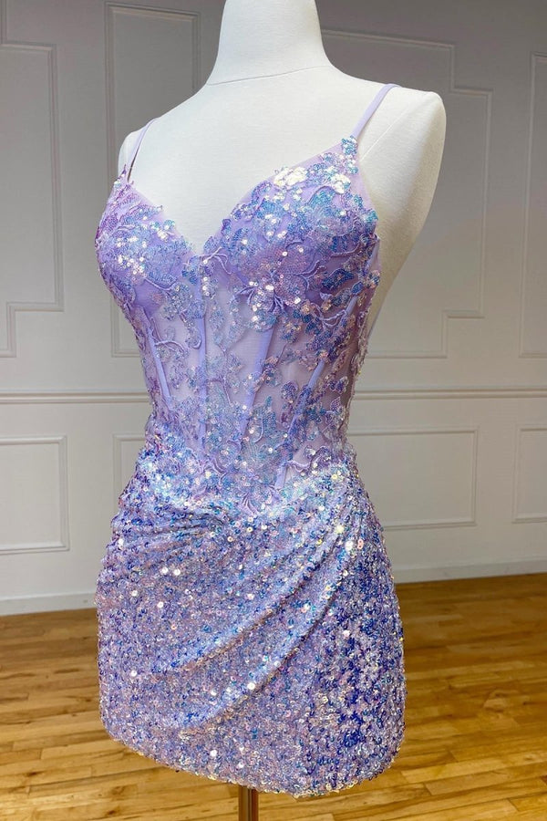 Othello | Sparkle Appliques Sequin Bodycon Lilac Homecoming Lace-up Dress