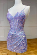 Sparkle Appliques Sequin Bodycon Lilac Mini Party Dresses - KissProm