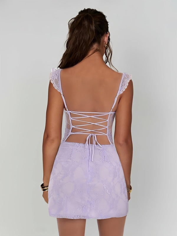 Gema | Lilac - Spaghetti Straps Sheath Lace Short Homecoming Dress With Slit