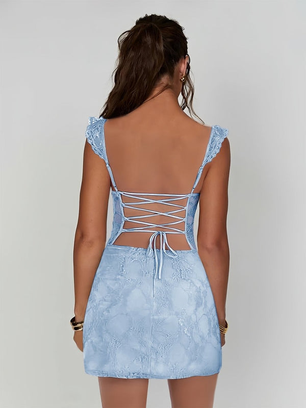 Gema | Sky Blue - Spaghetti Straps Sheath Lace Short Homecoming Dress With Slit