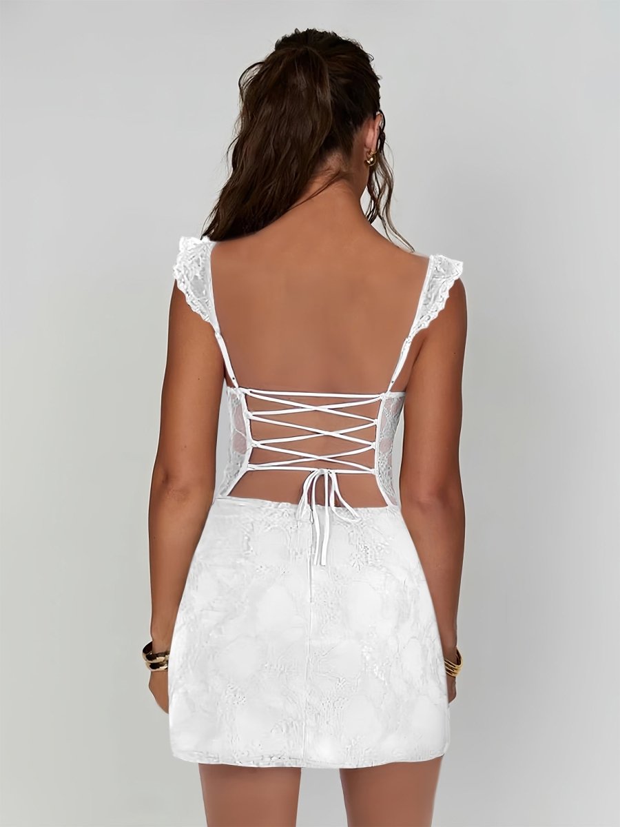 short white lace dress with spaghetti straps Sheer Lace Backless Spaghetti Strap Mini White Dress Boots N Bags Heaven