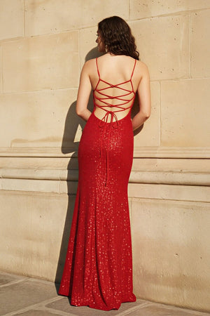 Red Halter Mermaid Sequins Prom Dress With Split - KissProm
