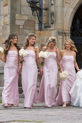 Geneal | Strapless Pink Scoop Pleated Satin Long Bridesmaid Dress With Big Bow