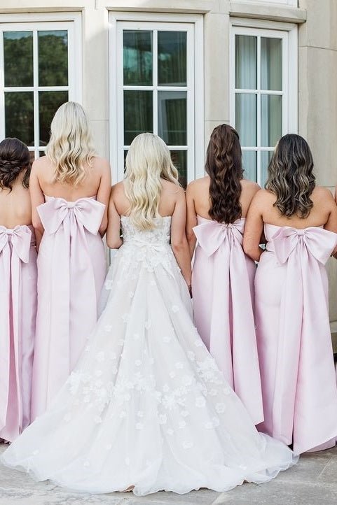 strapless open back dress Strapless Pink Scoop Pleated Satin Long Bridesmaid Dress with Big Bow, Pink / Custom Size