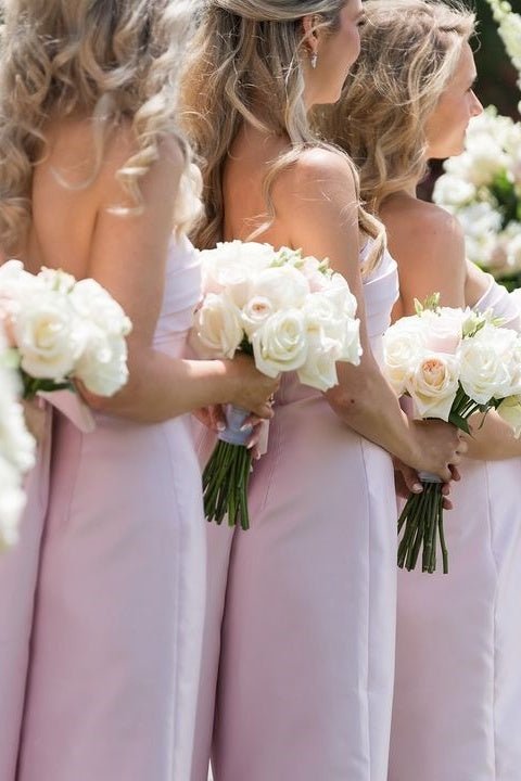 Strapless Pink Scoop Pleated Satin Long Bridesmaid Dress With Big Bow Strapless Pink Scoop Pleated Satin Long Bridesmaid Dress With Big Bow