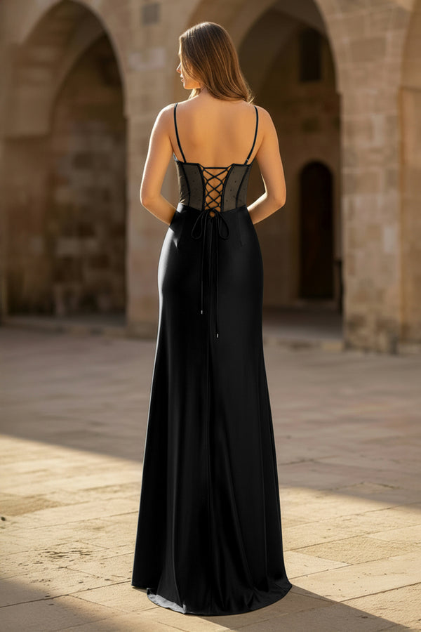 Sheer Corset Black Beaded Mermaid Long Formal Dress - KissProm