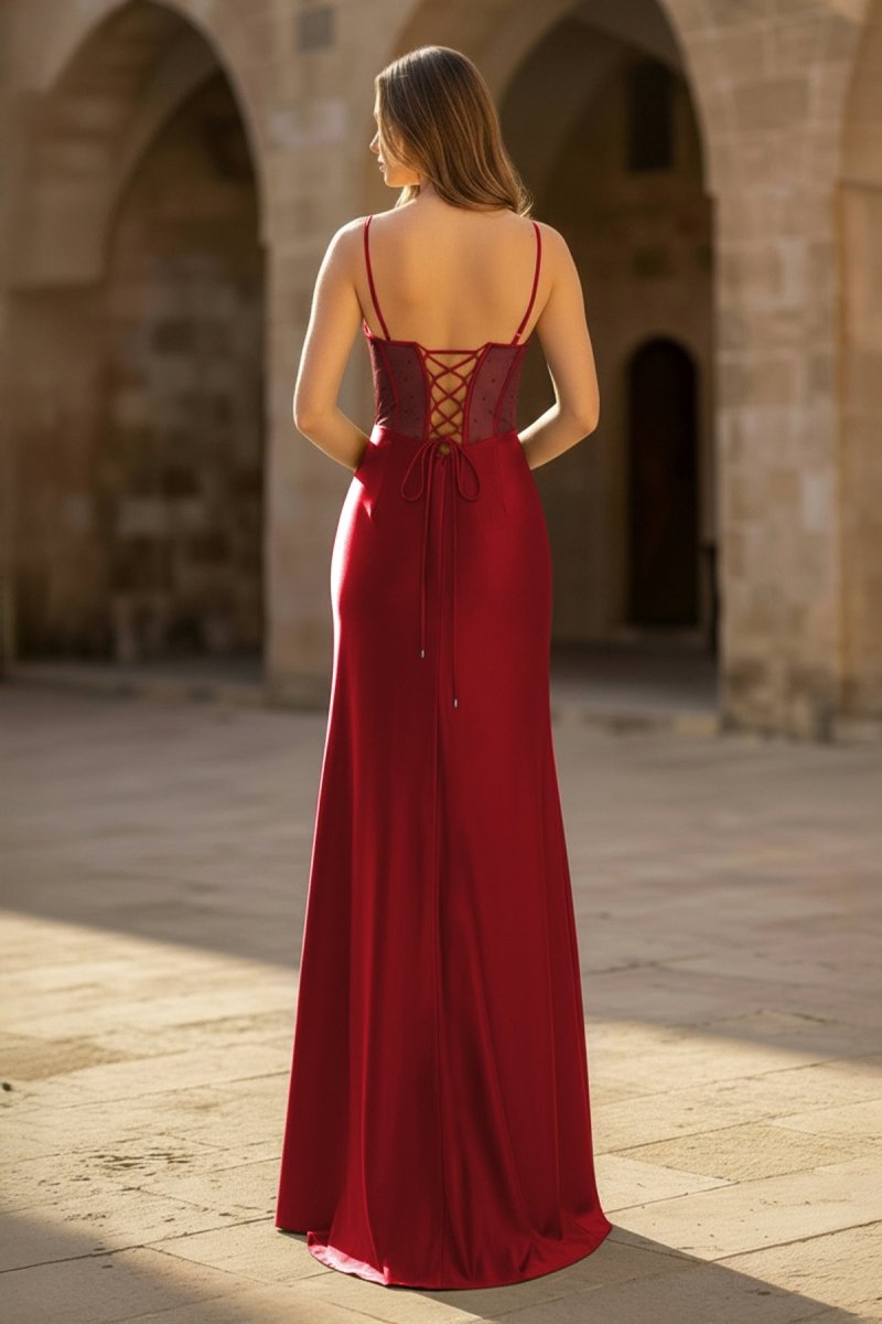 KissProm Sheer Corset Dark Green Beaded Mermaid Long Formal Dress, Burgundy / 16
