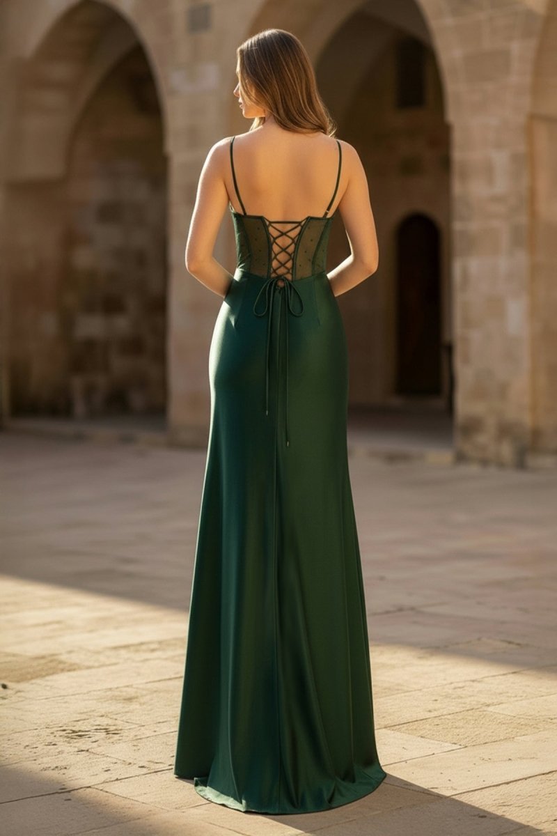 KissProm Sheer Corset Dark Green Beaded Mermaid Long Formal Dress, Dark Green / 6