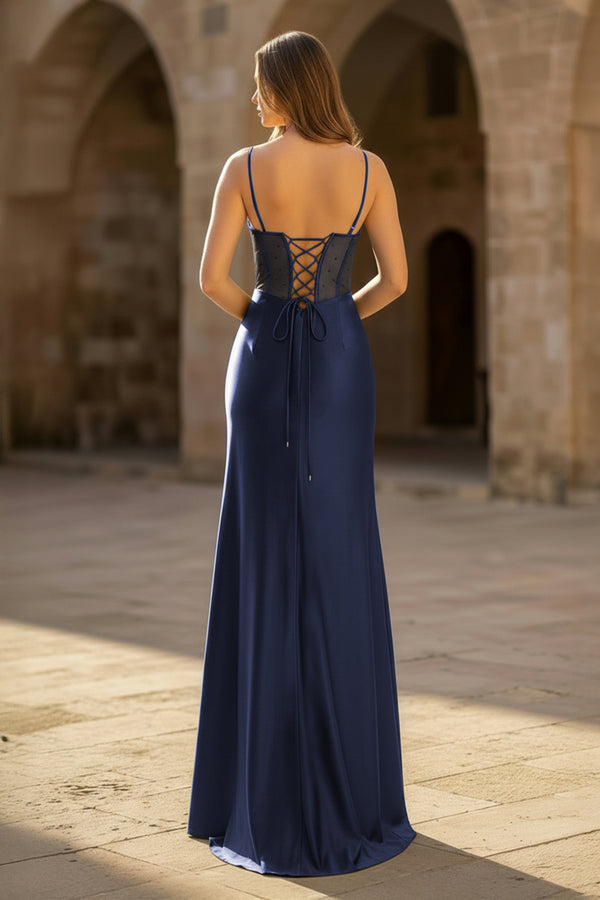 Sheer Corset Navy Blue Beaded Mermaid Long Formal Dress - KissProm